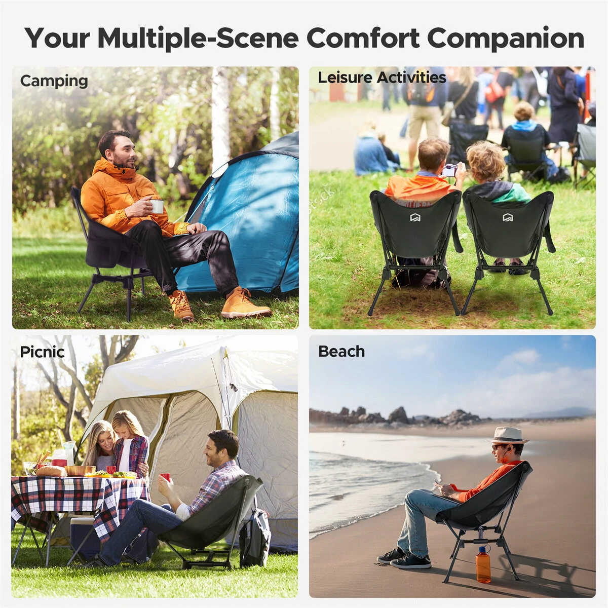 (image for) 2Pcs WARMOUNTS Portable Camping Chair, 400LBS Folding Backpacking Chair Side Pocket Carrying Bag, Ultralight Compact Beach Chair for Picnic Hiking Fishing